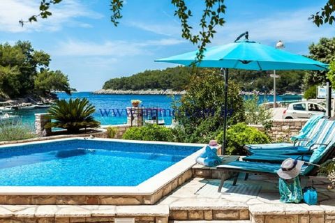 For sale beautiful three storey villa in first row to crystal blue sea, situated in a quiet cove on south side of Korčula island. Ground floor includes open concept living room with kitchen and big dining room and a hallway that leads to four cosy be...