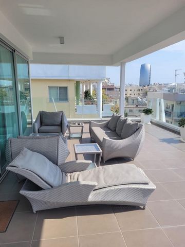 Located in Limassol. A fully furnished penthouse for rent in Neapoli. 250m from the beach (Total area 230 sq.m) Internal covered area: 115 sq.m Covered verandas: 36 sq.m Uncovered veranda: 79 sq.m 3 bedrooms Master bedroom with en-suite shower and it...