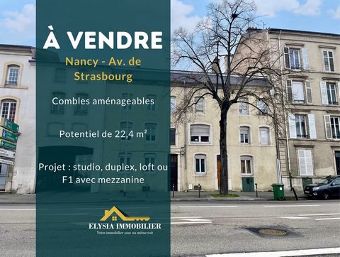 Elysia Immobilier vous présente, au 3ème et dernier étage d'une copropriété de 11 lots principaux, ces combles aménageables idéalement situé Avenue de Strasbourg à Nancy, à proximité des commerces, facultés et autres commodités. Ces combles vous offr...