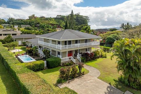This beautiful home sits on a half-acre corner lot surrounded by tropical landscaping with mountain views. Located in an extremely desirable neighborhood, up the hill, in Wailua Homesteads. The home has 4 bedrooms and 4 bathrooms. One bedroom and bat...