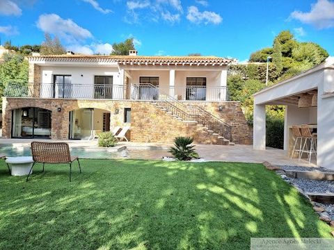 NOT FAR FROM THE BEACHES AND SHOPS OF CAVALAIRE in residential area - Very beautiful HIGH-END PROPERTY of 210m2 with its SEA VIEW built in 2024 completely renovated in 2024 with quality materials, AIR-CONDITIONED VILLA WITH ALARM built on 02 levels w...