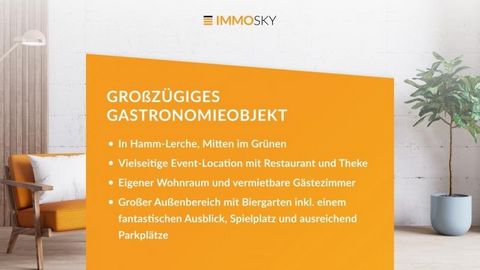 Die hier angebotene Gewerbeimmobilie liegt umgeben von Feldern und Wiesen in Hamm-Lerche und verfügt über knapp 3.648 m² Grundstücksfläche sowie 744 m² Wohn- und gewerblich nutzbare Fläche, welche sich wie folgt aufteilt: Die Gäste werden sogleich mi...