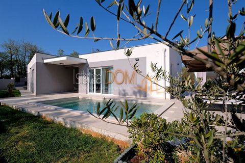 Istria, Barban, surroundings, modern villa of 120m2 for sale, with a heated pool in a quiet location and landscaped plot of 560m2. The villa consists of two bedrooms, a fitness room, two bathrooms, a toilet, a kitchen, a dining room and a large livin...