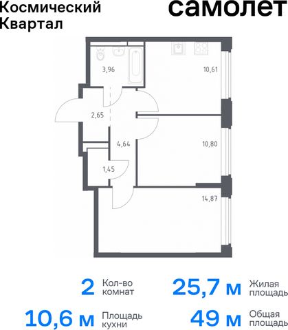 Продается 2-комн. квартира. Квартира расположена на 2 этаже 12 этажного монолитного дома (Корпус 1, Секция 5) в ЖК «Космический Квартал» от группы «Самолет». «Космический Квартал» находится в Московской области, в Королеве. В Королеве находятся неско...