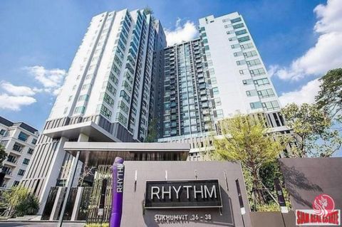 This is a cozy studio condo for sale in the Rhythm Sukhumvit 36 - 38. The apartment is well appointed with a sofa for two, wall mounted TV, shelving, bed set and western kitchen. The kitchen is efficient with a stovetop, microwave, large refrigerator...