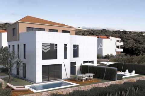 Pag, Mandre, modern building with four residential units with swimming pool, in a quiet location with a beautiful open sea view. Apartment S2 - one-room apartment on the ground floor, closed area of 51.10 m2, consists of an entrance hall, an open-con...