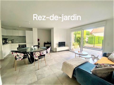 Valérie Lieb invites you to visit this magnificent 3-room apartment on the ground floor located on the heights of Riedisheim, in a quiet area, composed of an equipped kitchen open to the living room (living space 35m2) with terrace of 15 m2 facing so...