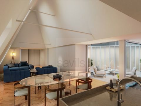 Spectacular T2 duplex on Avenida dos Aliados, with magnificent views over the city, comprising: - Lower floor: Entrance hall, kitchen, guest bathroom, living room with 67.8 m2, 1 suite, terrace with 28.6 m2 - Upper floor: 1 suite; - Kitchen equipped ...