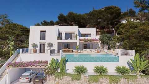 Ibizan style villa with sea view for sale in Moraira. The semi-basement floor has parking for 2 cars, a multi-purpose room, 2 bedrooms with en-suite bathrooms, wine cellar and laundry room. An internal staircase leads to the ground floor which compri...