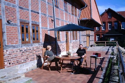 The apartment is located in Wölpinghausen and offers plenty of space for up to 6 people. Rustic wooden beams, natural stone floor and the clay walls promise a healthy and comfortable indoor climate. The living-dining area offers a completely furnishe...