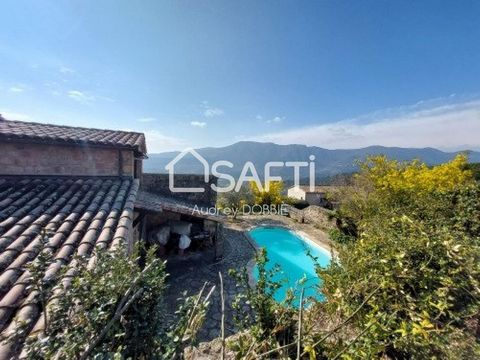 07140: Located less than 10 minutes from amenities of les Vans , in a preserved area, in the heart of a plot of two flat and landscaped terraces of 1956 m2 with swimming pool and dominant views of the 