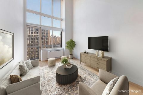 Rarely available, this exquisitely renovated and architecturally unique 913 sq. ft. one-bedroom duplex boasts a voluminous 18' double-height ceiling with floor-to-ceiling windows providing wonderful eastern exposure and city views leading to a privat...