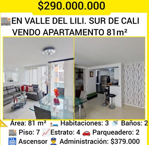 En Valle del Lili, sur de Cali, se ofrece en venta un apartamento de 81 metros cuadrados con parqueadero doble por $290.000.000. El inmueble se encuentra en un séptimo piso con vista exterior y acceso por ascensor. Cuenta con tres habitaciones, dos b...