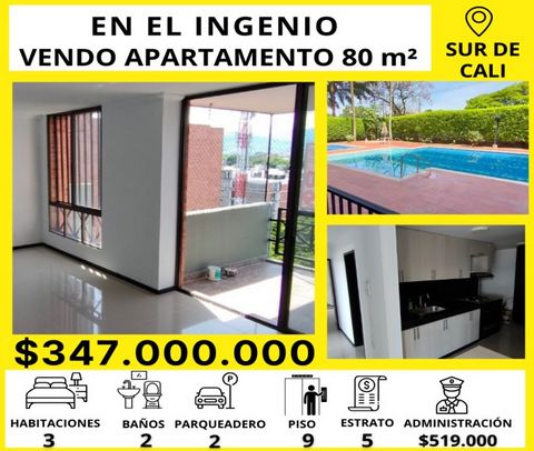 En el barrio El Ingenio, sur de Cali, se vende apartamento de 80 metros cuadrados, ubicado en el piso 9 de un edificio de estrato 5. Cuenta con 3 habitaciones, 2 baños, sala comedor, cocina, zona de ropas, piso porcelanato, clóset y muebles de cocina...