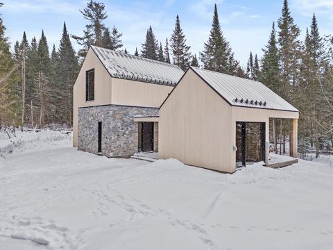 Scandinavian Rental Chalet - Luxurious 2022 construction on a private 2 acre wooded lot with a stream running through the property, within walking distance of its access to Lake Memphrémagog. Featuring wooden cathedral ceilings, it offers 3 BR, 2 bat...