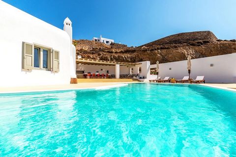 Located in Mykonos. Villa Tranquillo is built on a slight slope overlooking Ftelia bay and the stunning colors of the Aegean. The home offers amazing outdoor living areas with many different corners to lounge or simply relax. The villa is perfectly s...