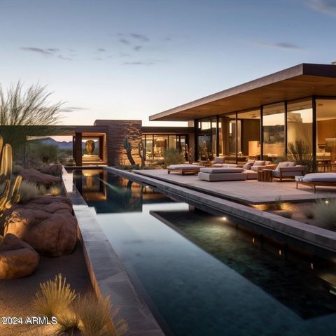 A true and striking desert contemporary from Temac Development and Candelaria Design Associates - Perched on nearly 5 acres of flat, high desert, this modern estate boasts some of the best views in the area with privacy and seclusion. Unobstructed vi...